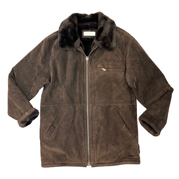 Jones New York Coat Mens S Small Acrylic Fur Lined Collar Leather Sherpa Jacket - Picture 1 of 14